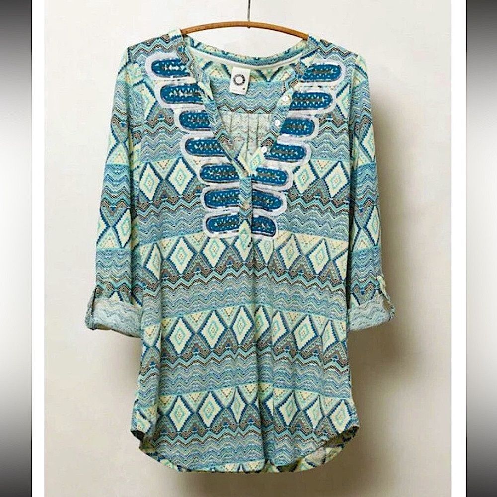 Anthropologie Akemi + Kin Ocotillo Womenβs Blue Boho Embroidered Blouse Size med